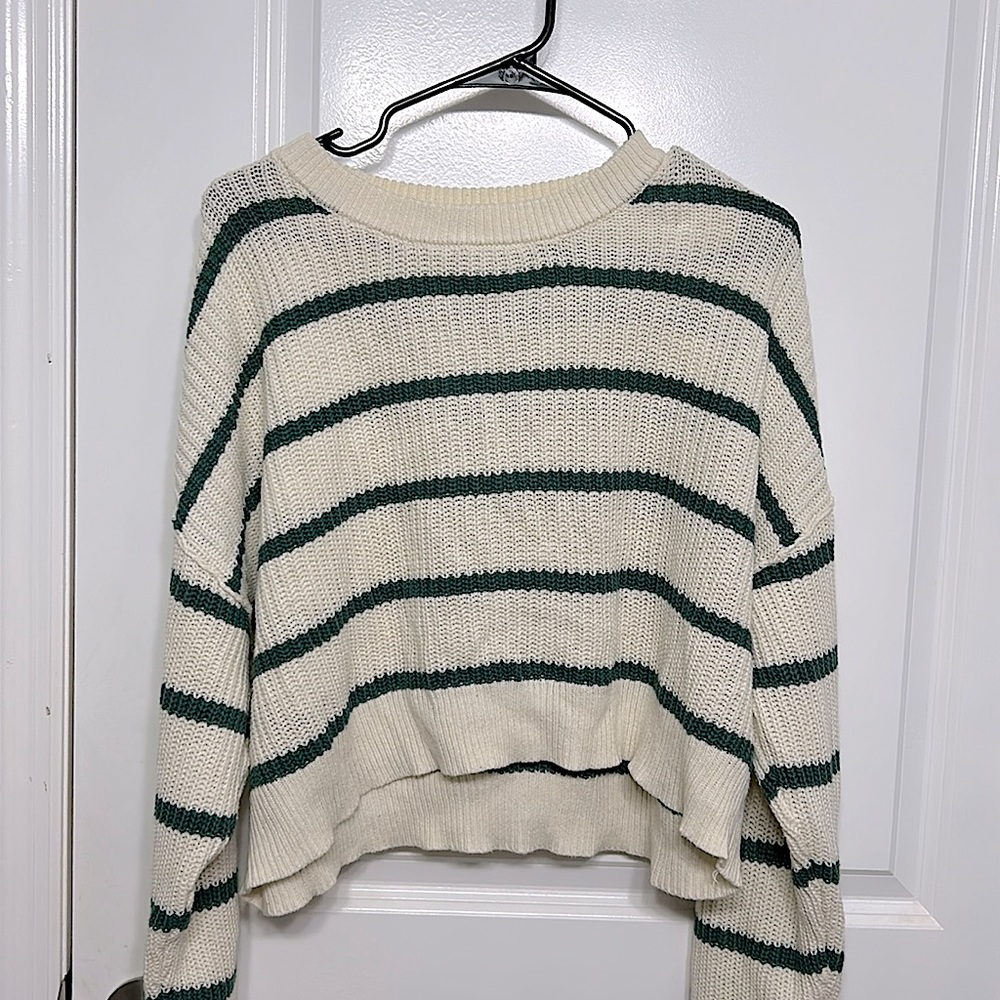 Cream and green cropped Aeropostale sweater.